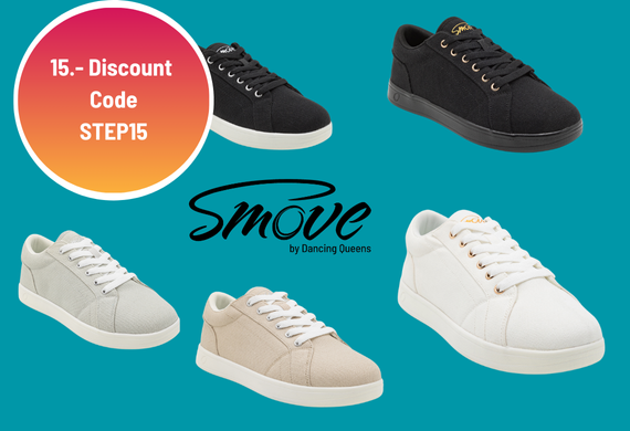 Verschiedene Sneaker mit dem Angebot „15.- Rabattcode STEP15“ auf blauem Hintergrund.