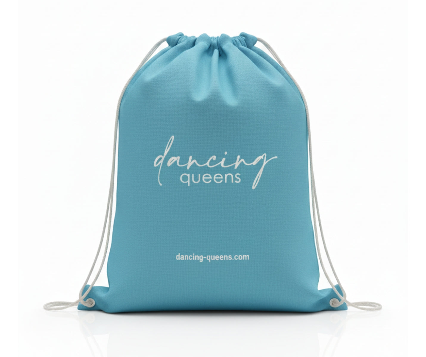 Blau/weißes Tanzschuh-Säckchen von Dancing Queens mit weißem Aufdruck dancing-queens.com auf der Vorderseite.