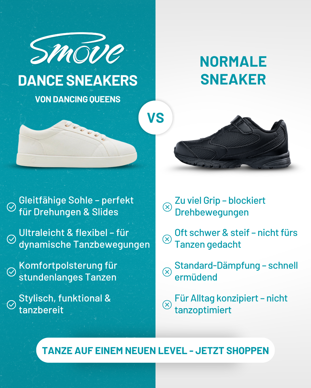 Vergleich von weißen Dance Sneakers und schwarzen normalen Sneakern mit Vorteilen und Nachteilen beider Schuharten.