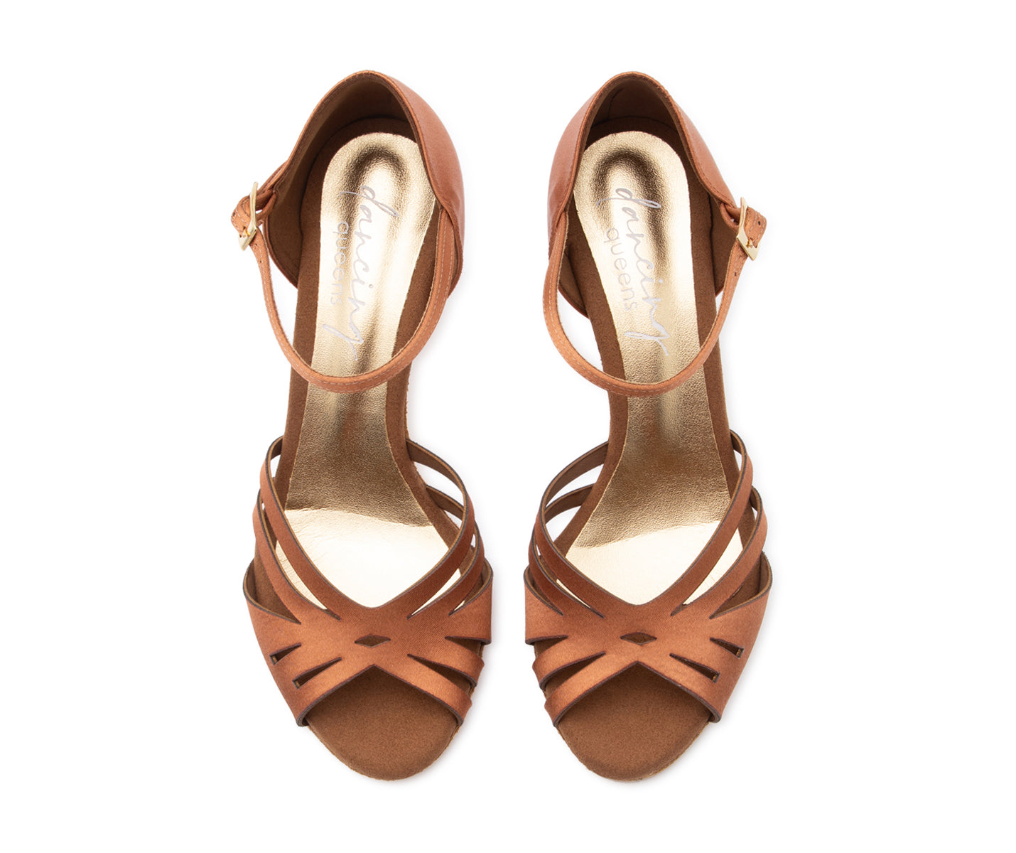 Ein Paar Dancing Queens Sparkle Elegance Tanzschuhe aus bronzefarbenem Satin mit Knöchelriemen, Ansicht von oben auf weiß.