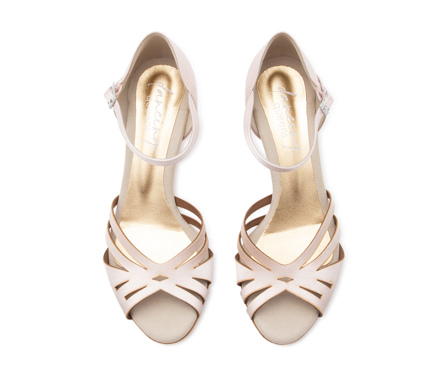 Ein Paar Sparkle Elegance Tanzschuhe in Nude Rosé Satin von Dancing Queens, von oben betrachtet.