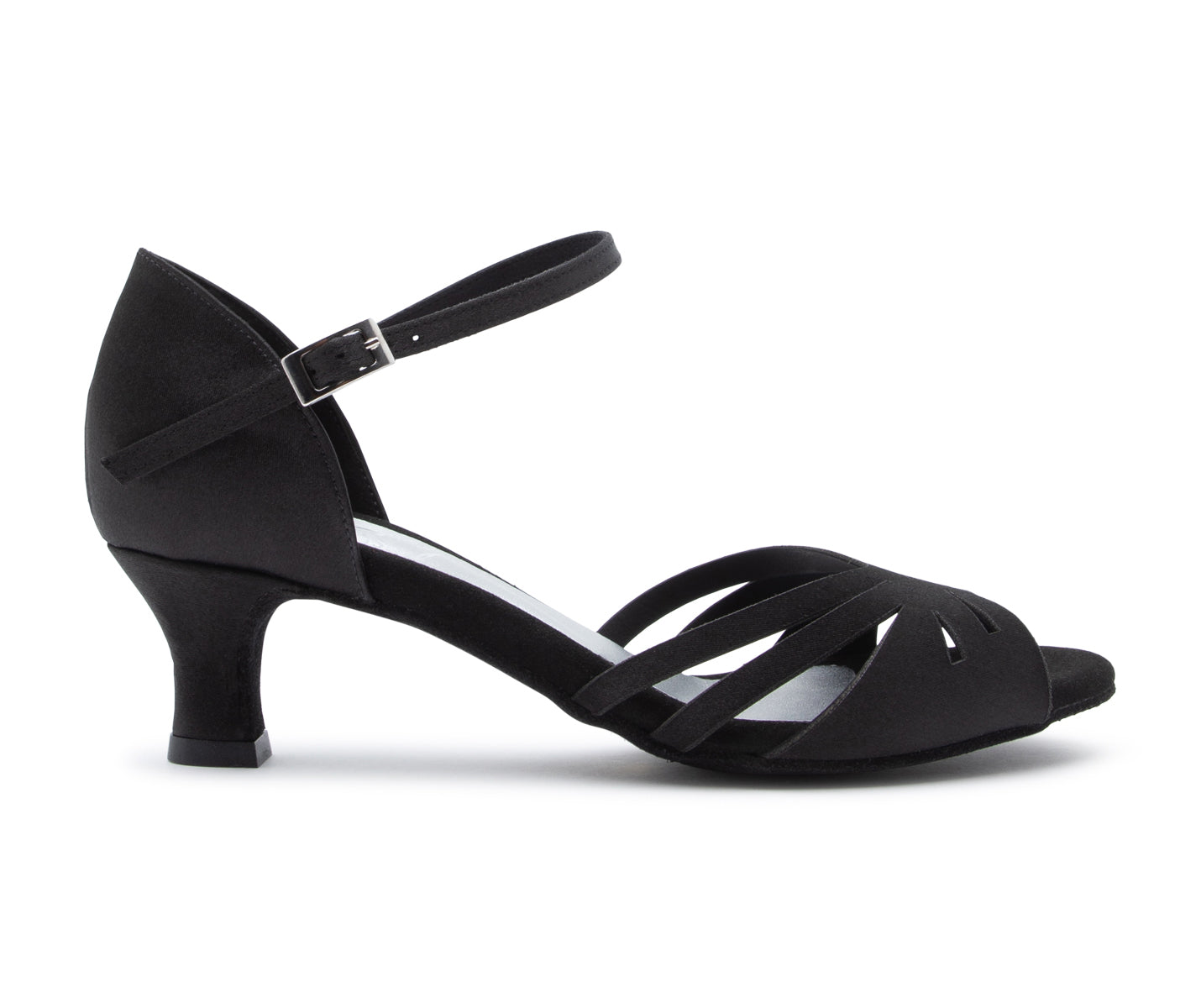 Die Sparkle Elegance Tanzschuhe von Dancing Queens sind aus schwarzem Satin, mit niedrigem Absatz, Knöchelriemen und Cut-outs.