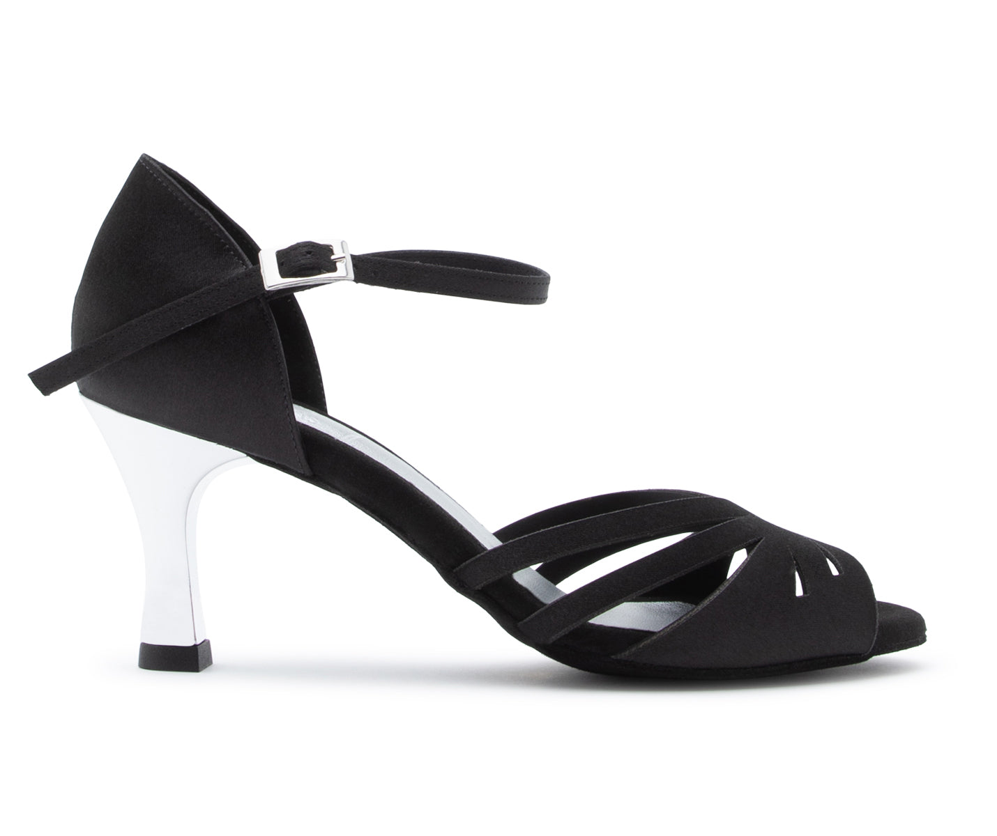 Sparkle Elegance Tanzschuhe in Schwarz Satin von Dancing Queens: Schwarze Riemchenabsätze mit silbernem Absatz und Knöchelriemen.