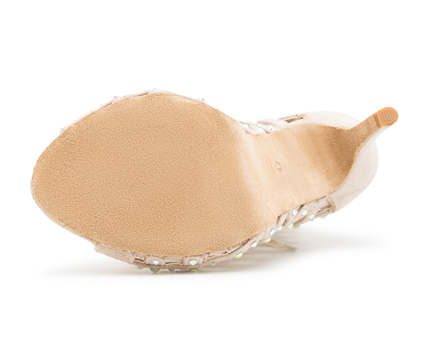 Unterseitenansicht der Stella Tanzschuhe von Dancing Queens in Beige mit glatter Sohle und dekorativen Riemchen für Bachata.