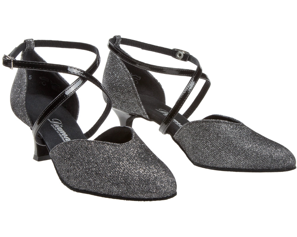 Diamant's Anthrazit Glitter Tanzschuhe mit schwarzen Knöchelriemen, niedrigen Absätzen und atmungsaktivem Innenfutter.