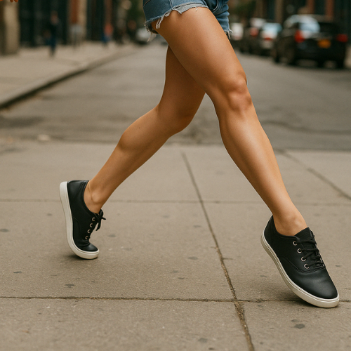 Person in Jeansshorts, die auf einem städtischen Bürgersteig geht und schwarze Turnschuhe mit weißen Sohlen trägt.