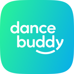 Dancebuddy-Logo in Schwarz mit einer geschwungenen Linie auf grün-blauem Farbverlauf, von Tanzkurse Online-Tanzschule.