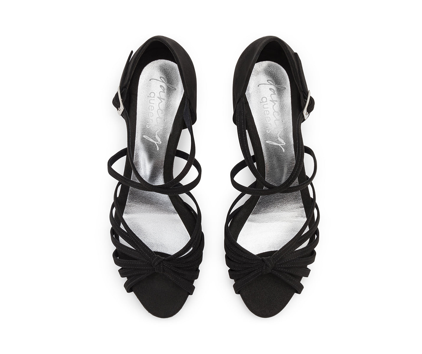 Schwarze Riemchen-High-Heels aus Wildleder von Dancing Queens mit Knotendetail und metallischer Innensohle, Draufsicht.