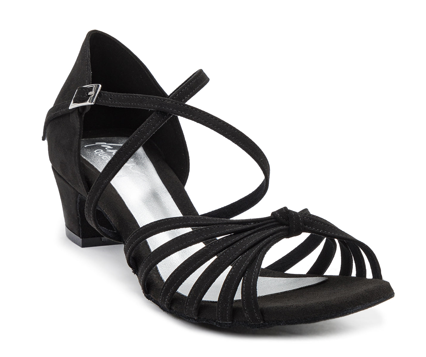 Dancing Queens 205 Tanzschuhe: Schwarze Riemchen-Salsa-Sandale aus Wildleder mit niedrigem Blockabsatz und Knöchelschnallenriemen.