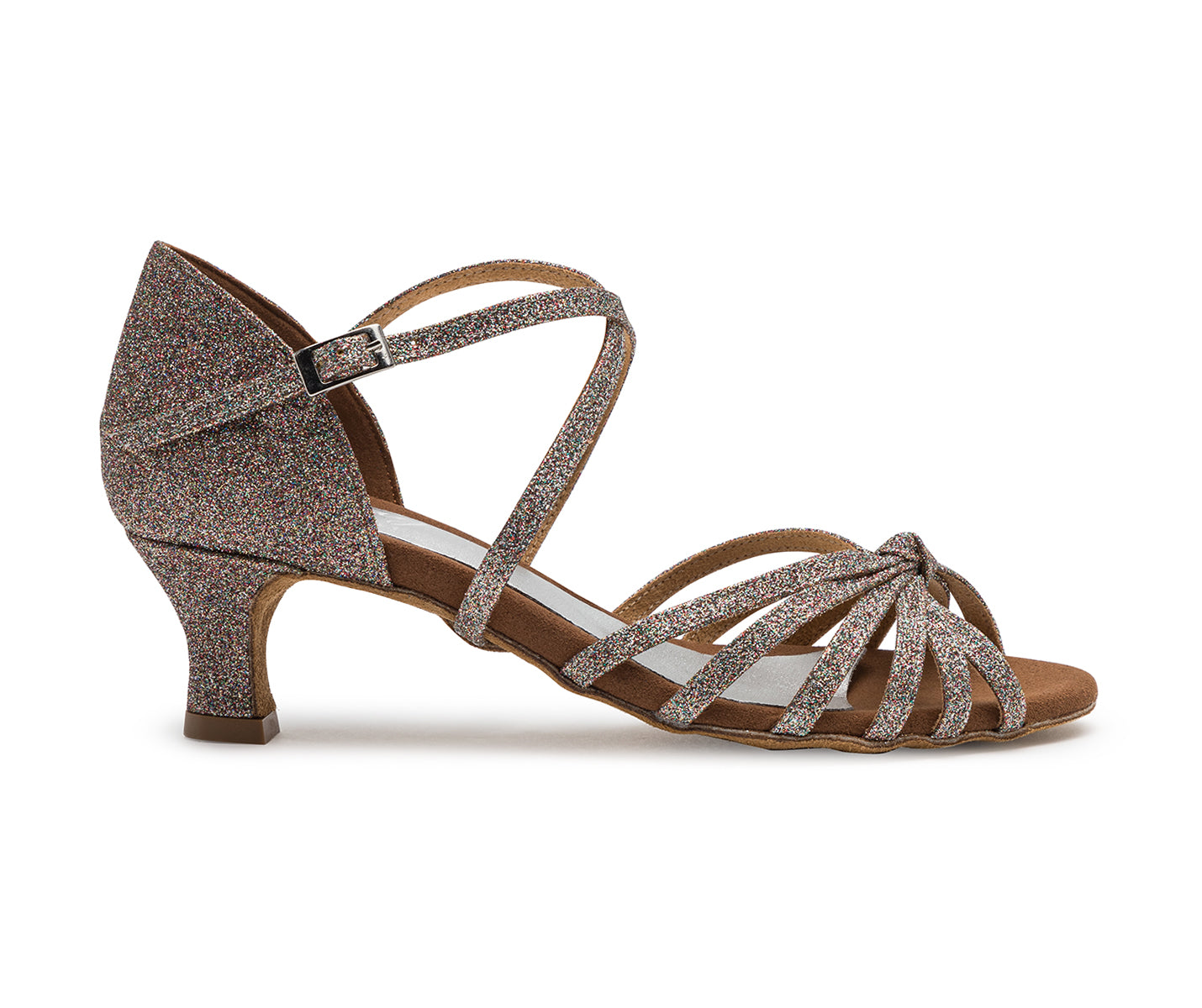 Die 205 Tanzschuhe in Multiglitter von Dancing Queens: niedriger Absatz und Schnalle, ideal für Bachata Salsa Tango.