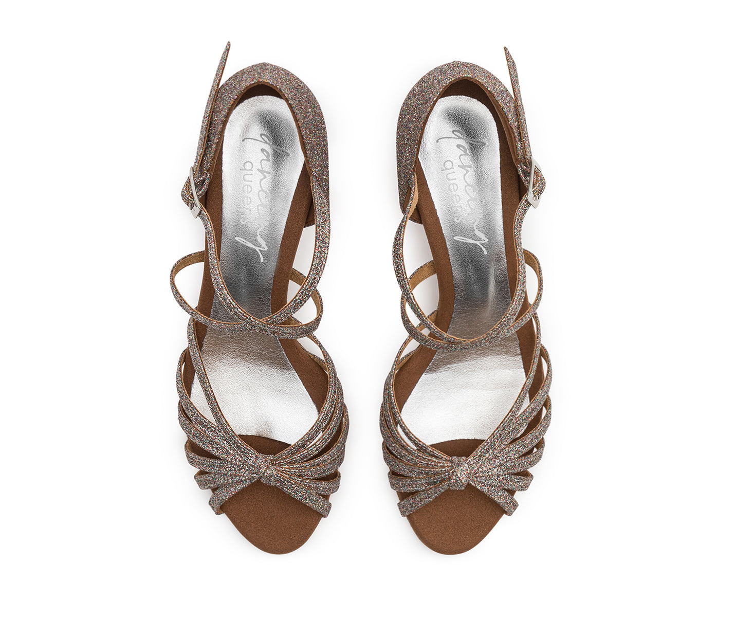 Die 205 Tanzschuhe von Dancing Queens in Multiglitter, perfekt für Bachata Salsa Tango, glänzen auf weißem Untergrund.