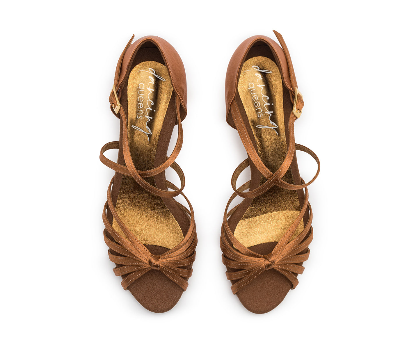 Satin Tan Riemchen-Pumps von Dancing Queens, goldene Innensohle, von oben betrachtet.