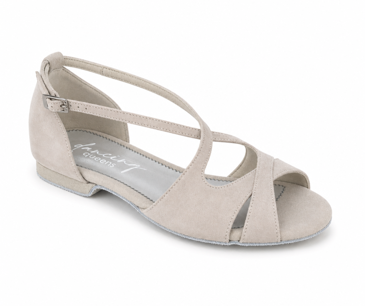 Grace Harmony Tanzschuhe aus beigem Wildleder von Dancing Queens, offene Zehenpartie, Kreuzriemen, flacher Absatz, Schnalle.