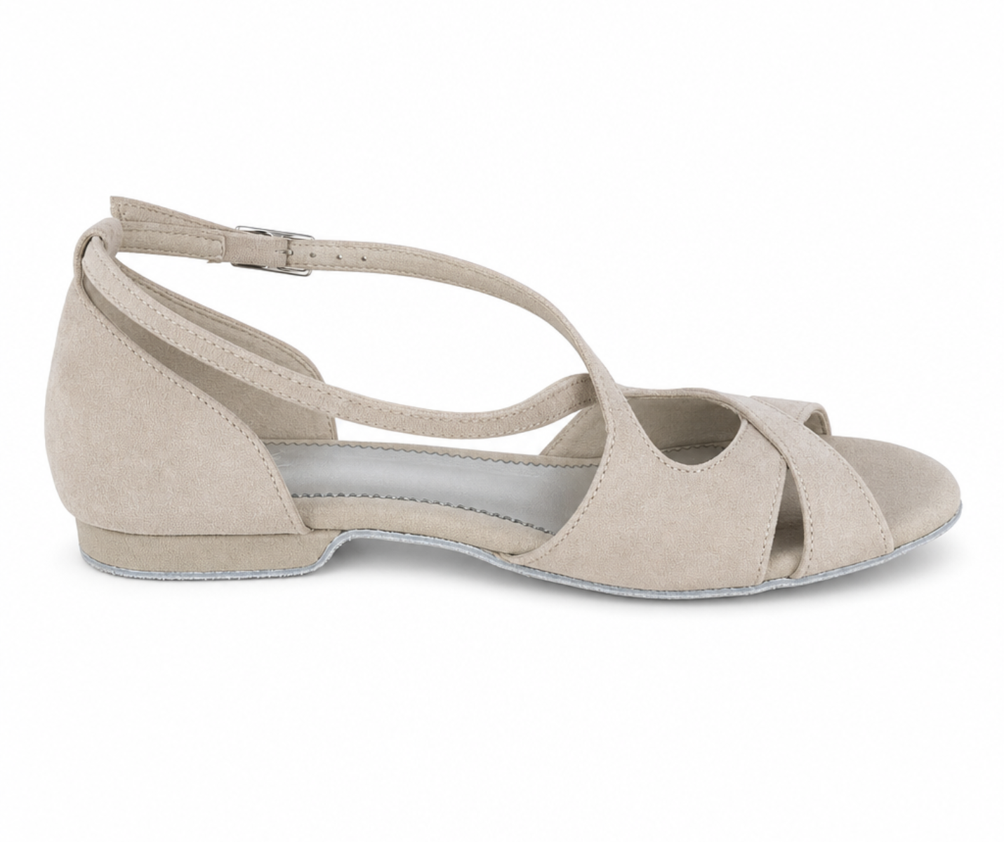 Grace Harmony Tanzschuhe von Dancing Queens aus beigem Wildleder, flache Sandale mit Knöchelriemen, offen.