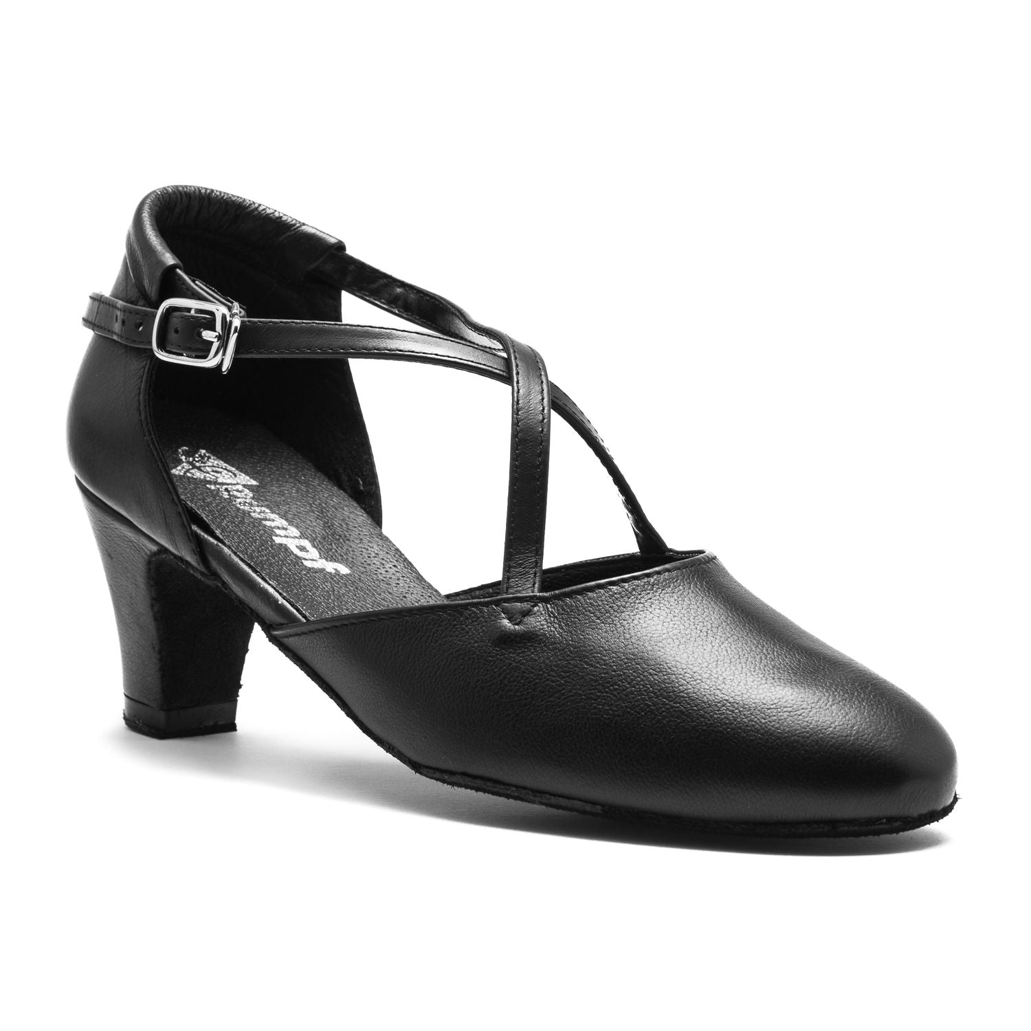 Rumpf 2020 Broadway Tanzschuhe in Schwarz mit Knöchelriemen, Crossover-Design und verchromter Ledersohle.