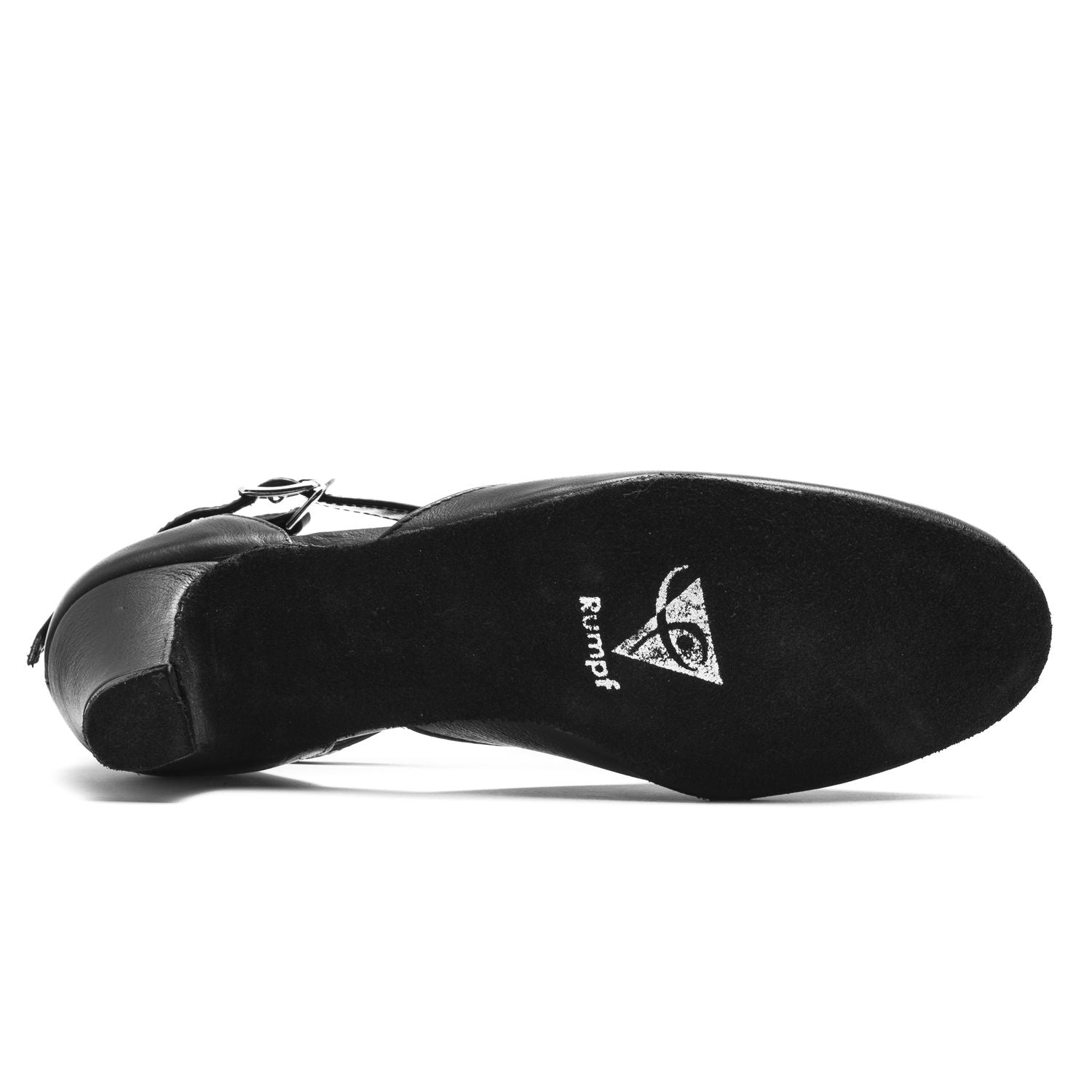 2020 Broadway Tanzschuhe in Schwarz von Rumpf mit Wildledersohle und Schnalle, Logo darunter sichtbar.