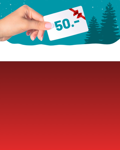 Eine Hand hält eine Geschenkkarte im Wert von 50 Euro mit einer roten Schleife vor einem winterlichen Hintergrund mit Bäumen und Schnee.