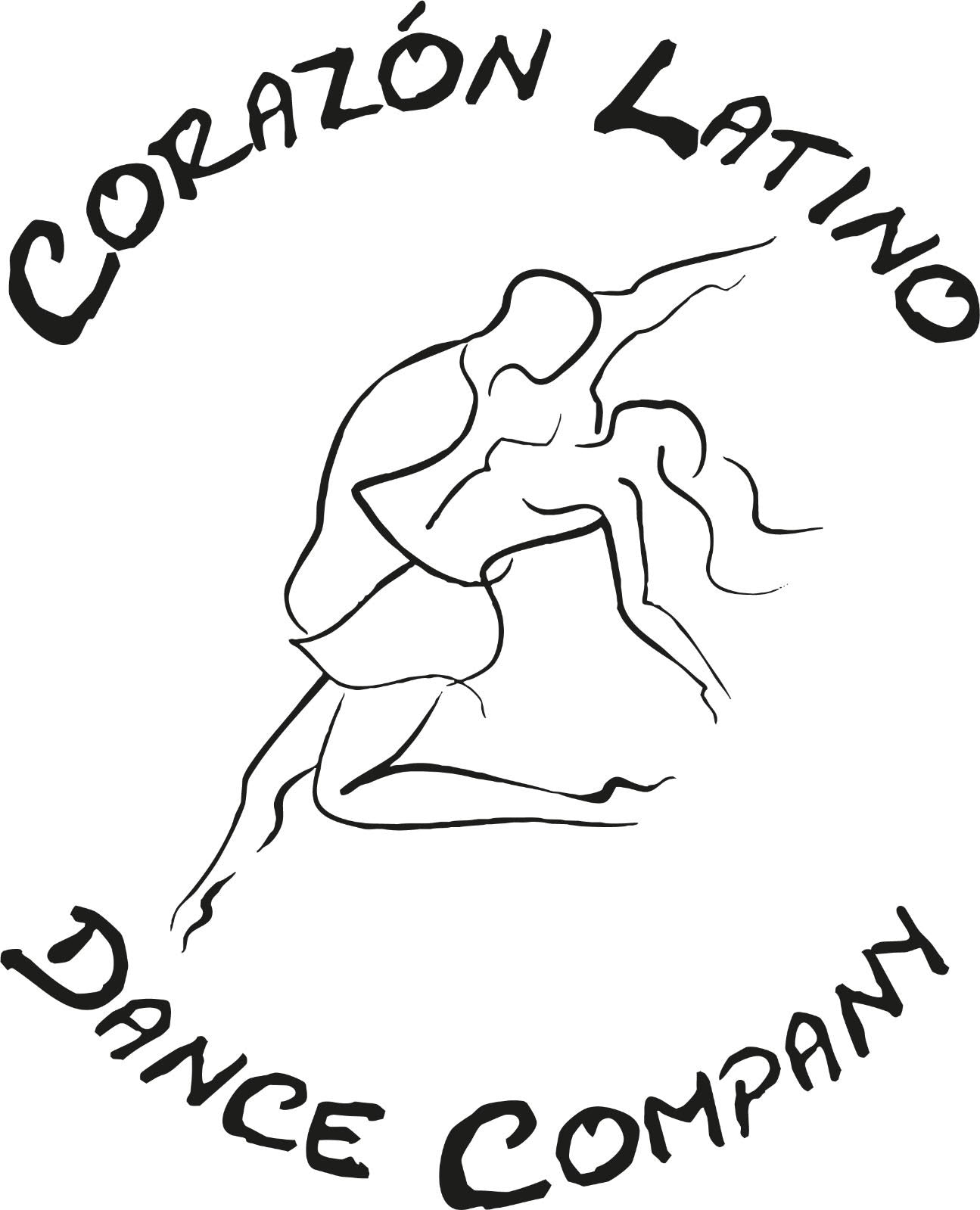 Silhouettenzeichnung eines tanzenden Paares mit dem Text „Corazon Latino Dance Company Tanzschule“.