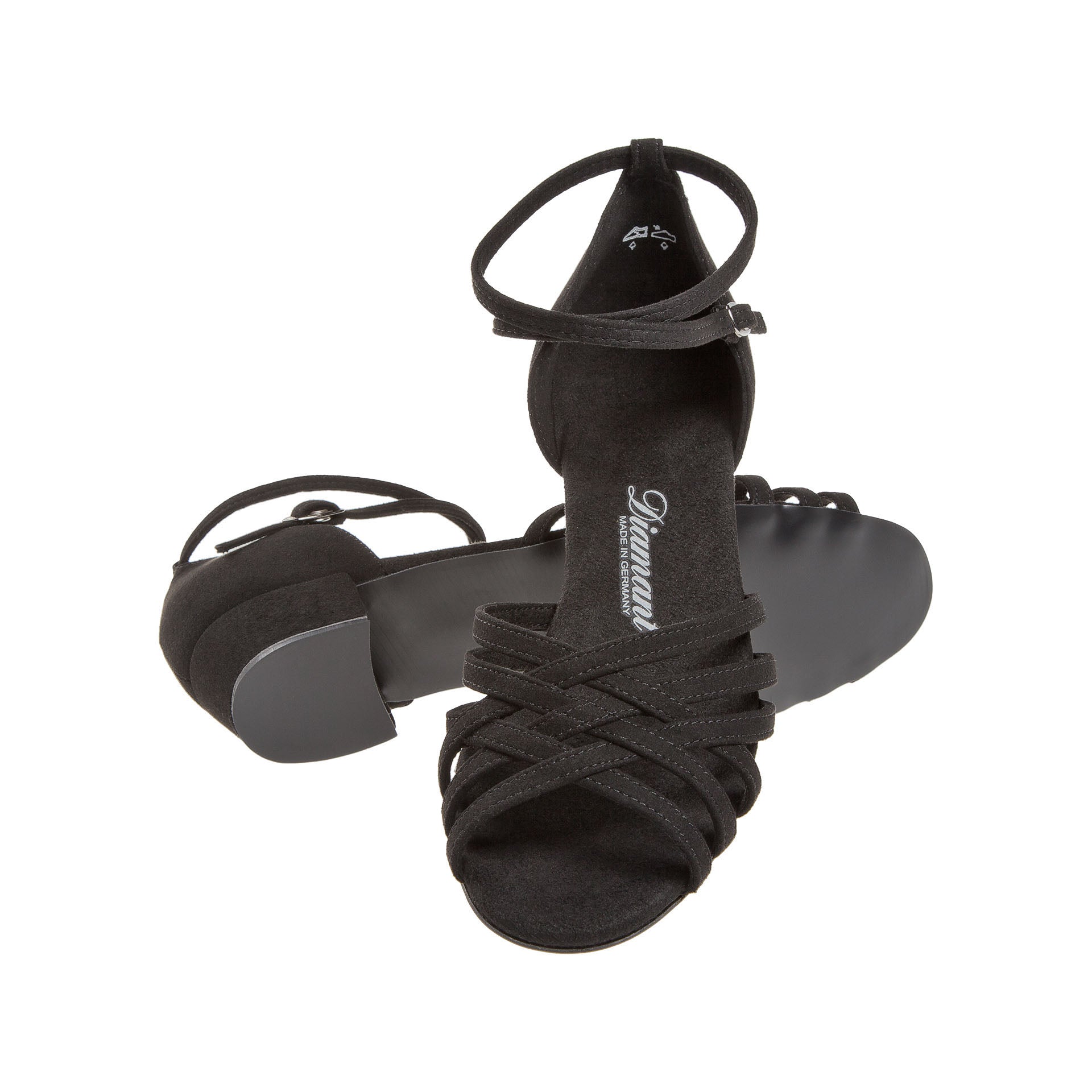 Diamant 008 Tanzschuhe in Schwarz: Riemchensandalen mit hohen Absätzen und Fesselriemchen auf schlichtem Untergrund.