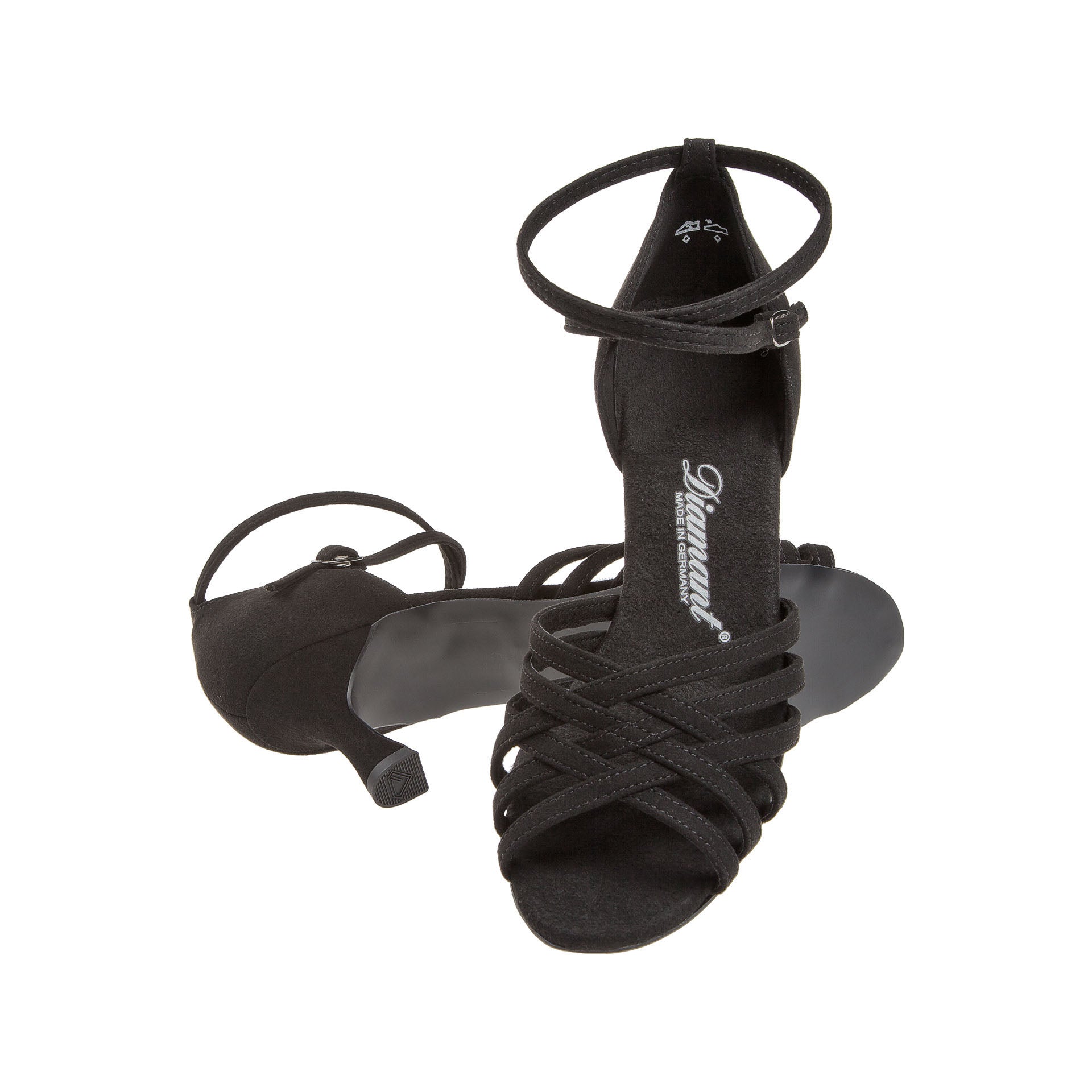 Diamant 008 Tanzschuhe in Schwarz mit Riemchendesign, Fesselriemchen und niedrigem Absatz, auf weißem Hintergrund.