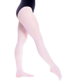 Person in einem schwarzen Trikot und einer rosa Ballettstrumpfhose vom Typ Rumpf 104, das Bein elegant in einer Ballettpose ausgestreckt.