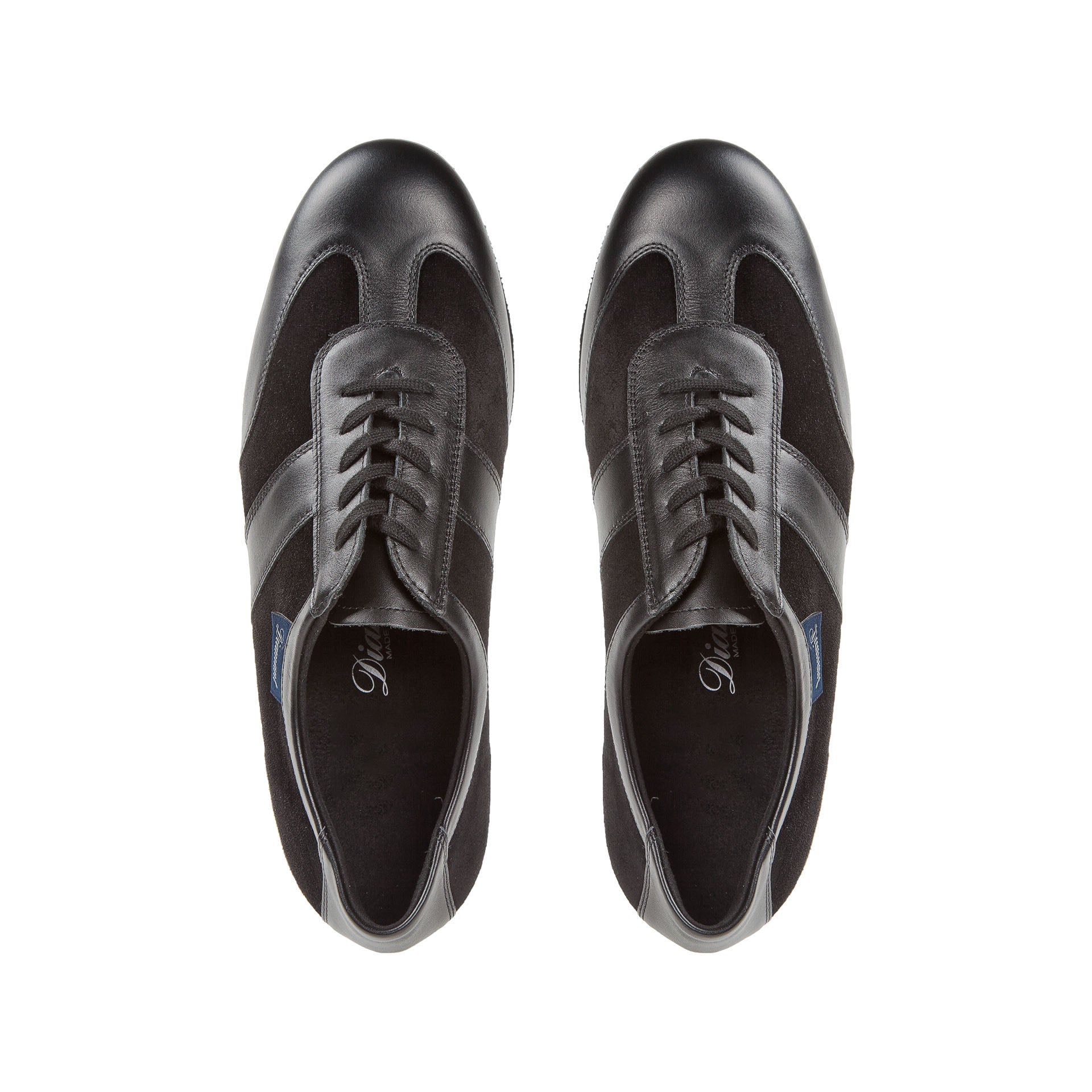 Draufsicht des 123 Tanzsneakers in Schwarz von Diamant, aus glattem schwarzem Leder und Wildleder mit Schnürverschluss.
