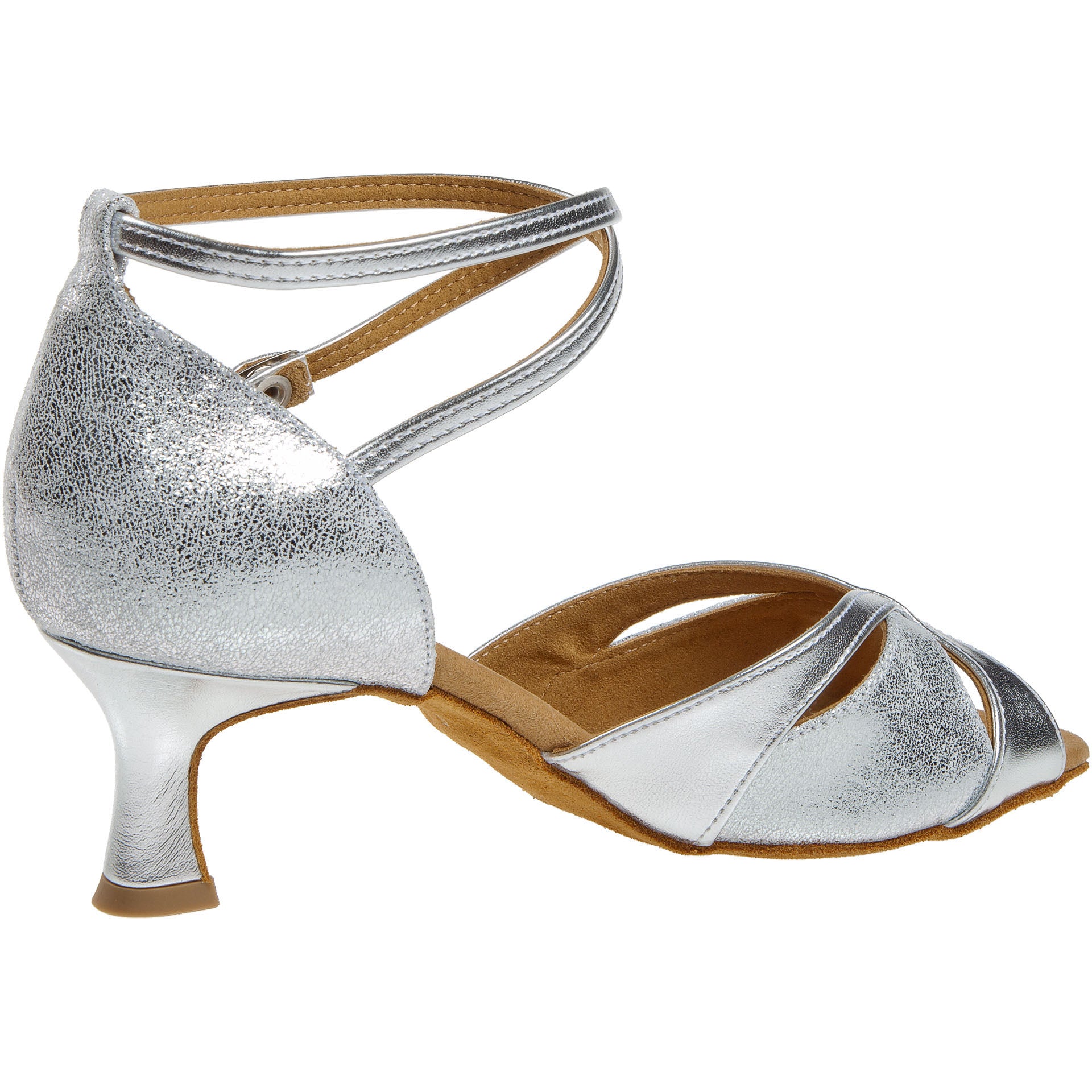Diamant's 141 Tanzschuhe in Silber verfügen über ein Riemchen-Crossover-Design, einen Flare-Absatz und eine Wildledersohle.