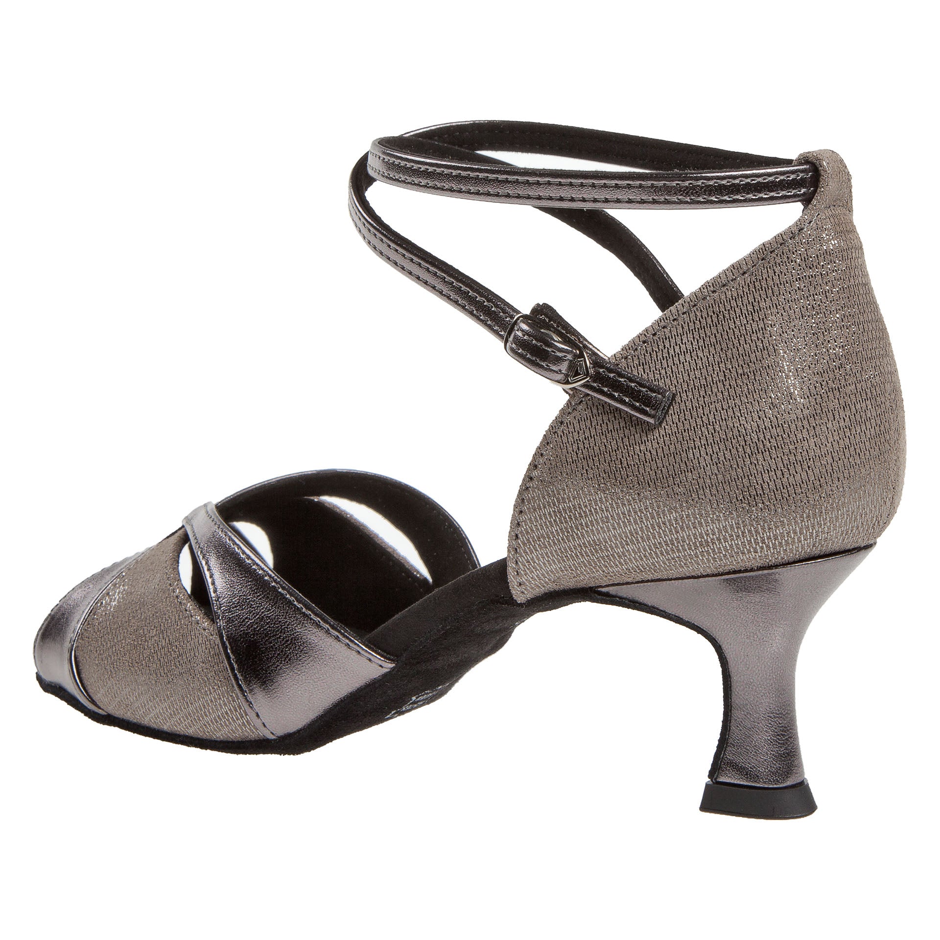 Diamant 141 Tanzschuhe in Anthrazit mit überkreuzten Zehenriemen und einem niedrigen Flare-Absatz, von der Seite betrachtet.
