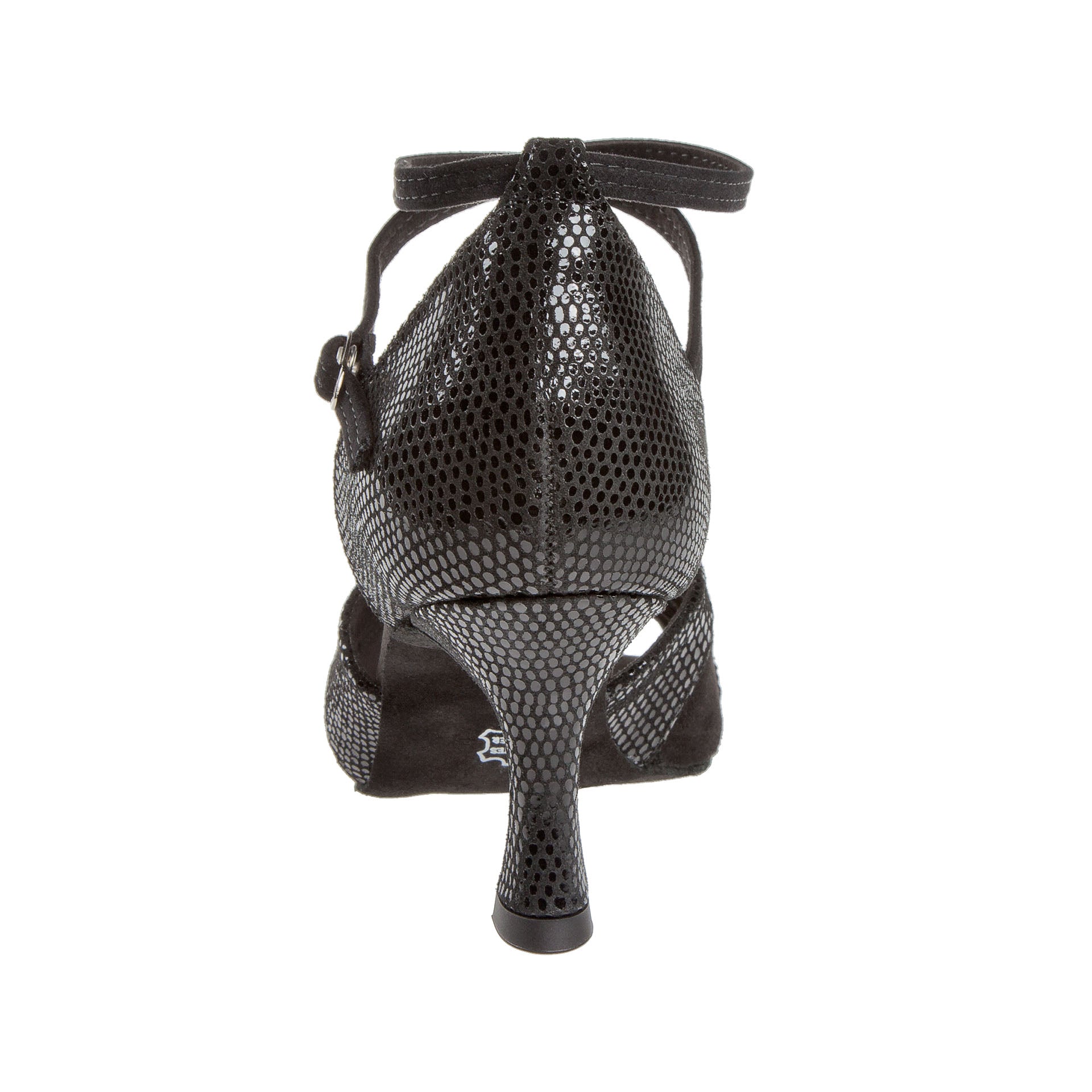 Rückansicht der Diamant 141 Tanzschuhe in Schwarz, einer schwarzen Sandalette mit hohem Absatz und Knöchelriemen aus Velours.
