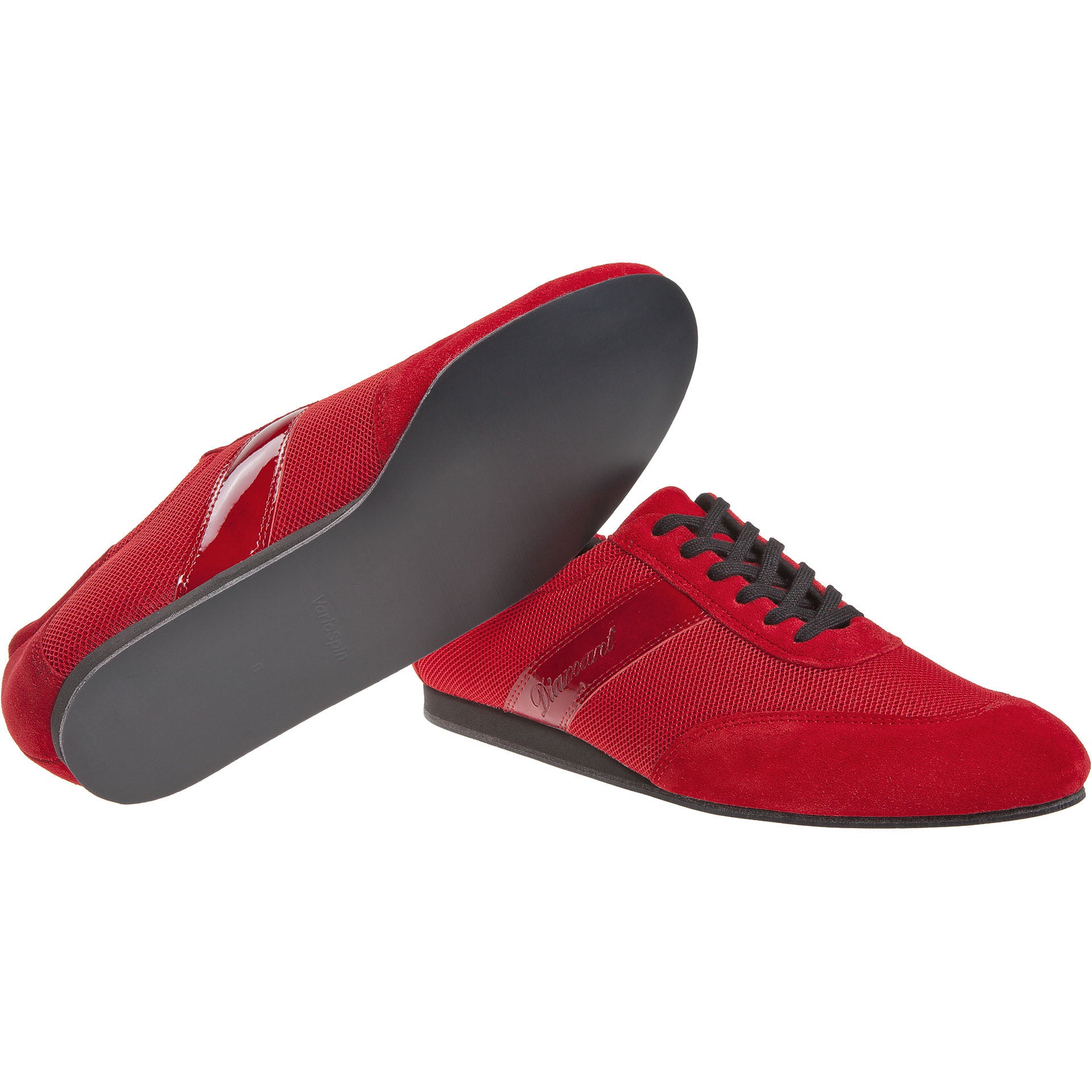 Roter Tanzsneaker von Diamant mit Vario Spin Sohle, schwarzen Schnürsenkeln und Velourleder-Finish – einmal hochkant, einmal mit sichtbarer Sohle.