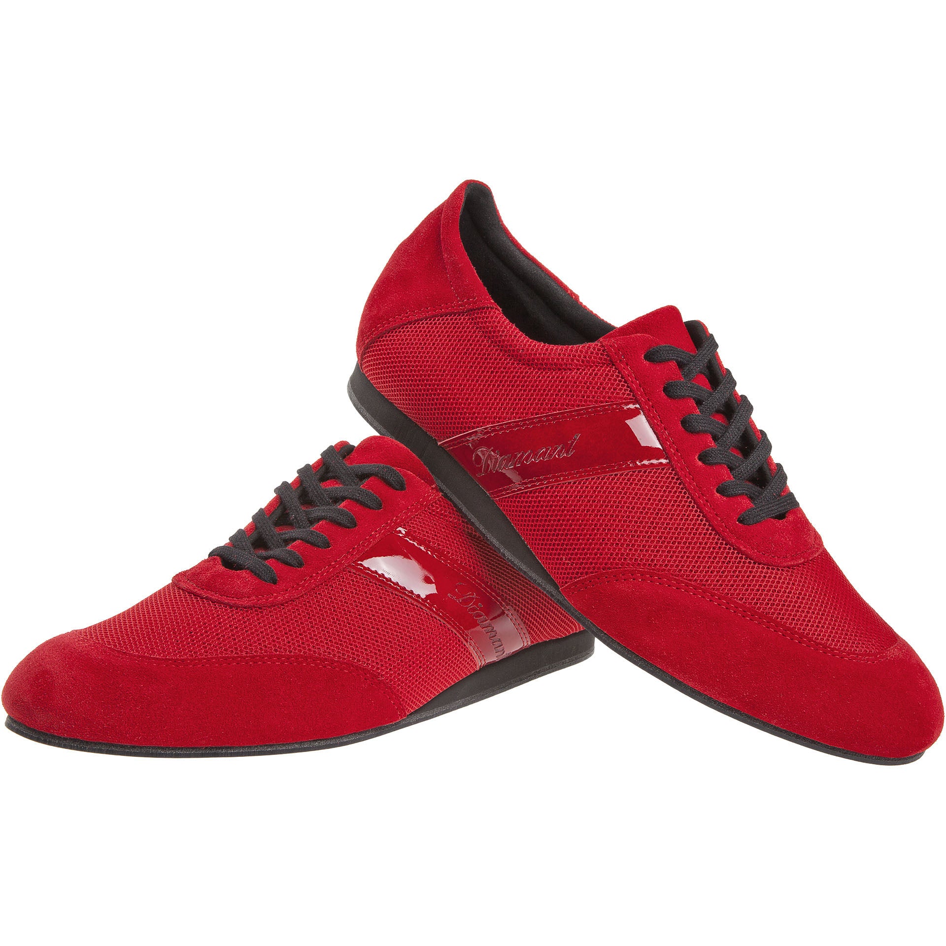 192 Tanzsneaker in Rot von Diamant: Leuchtendes Rot mit schwarzen Schnürsenkeln, Vario Spin Sohle, strukturiertem Design und glänzenden Akzenten.