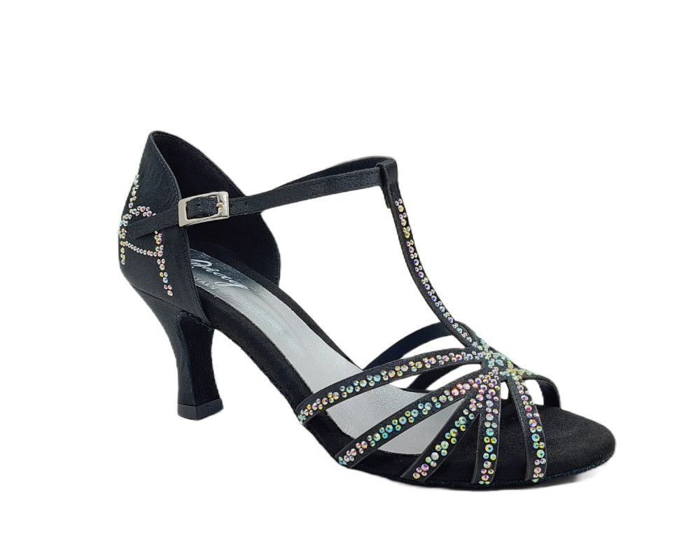Lidmags L9 Tanzschuhe: Schwarzer Satin-Tanzschuh mit Glitzer-Strass-Details und T-Riemen-Design.