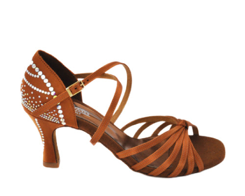 Der Tanzschuh 584 Satin Tan Strass von Lidmag in Bronze verfügt über Strasssteine an der Ferse und einen kleinen Schnallenriemen.