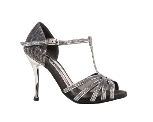 Dancing Queens 705 Tanzschuhe in Silber & Schwarz mit überkreuzten Riemen und glänzendem Stilettoabsatz.