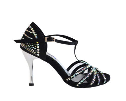 Lidmags L9 Tanzschuhe in schwarzem Satin-Strass mit silbernem Stiletto-Absatz.