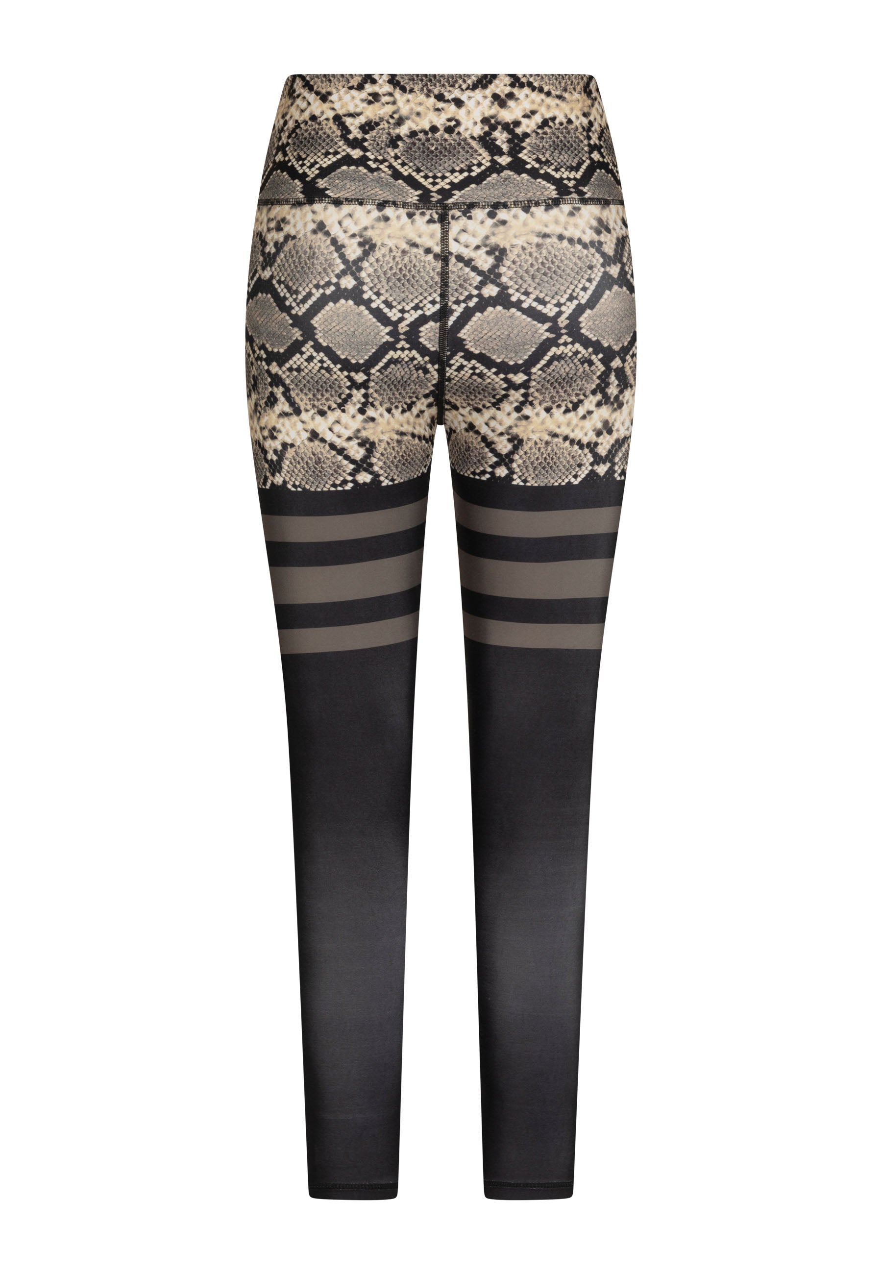 Rückansicht der 892 Extra High Waist Leggings von Lismina in Grün Snake mit schwarzen Streifen an den Unterschenkeln.