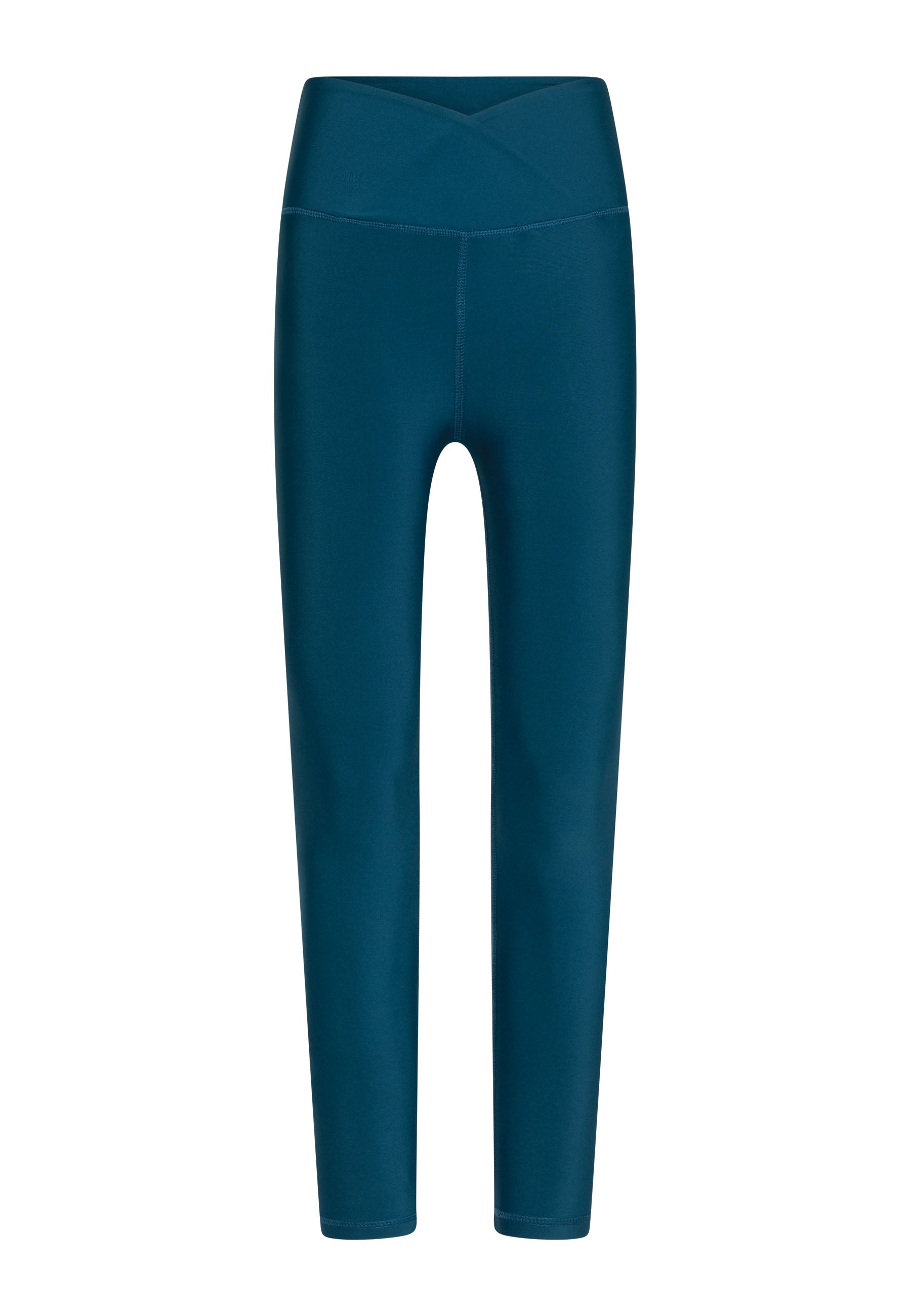 Petrolblaue 1096 Ve Waist Leggings von Lismina mit überkreuztem Bund auf weißem Hintergrund.