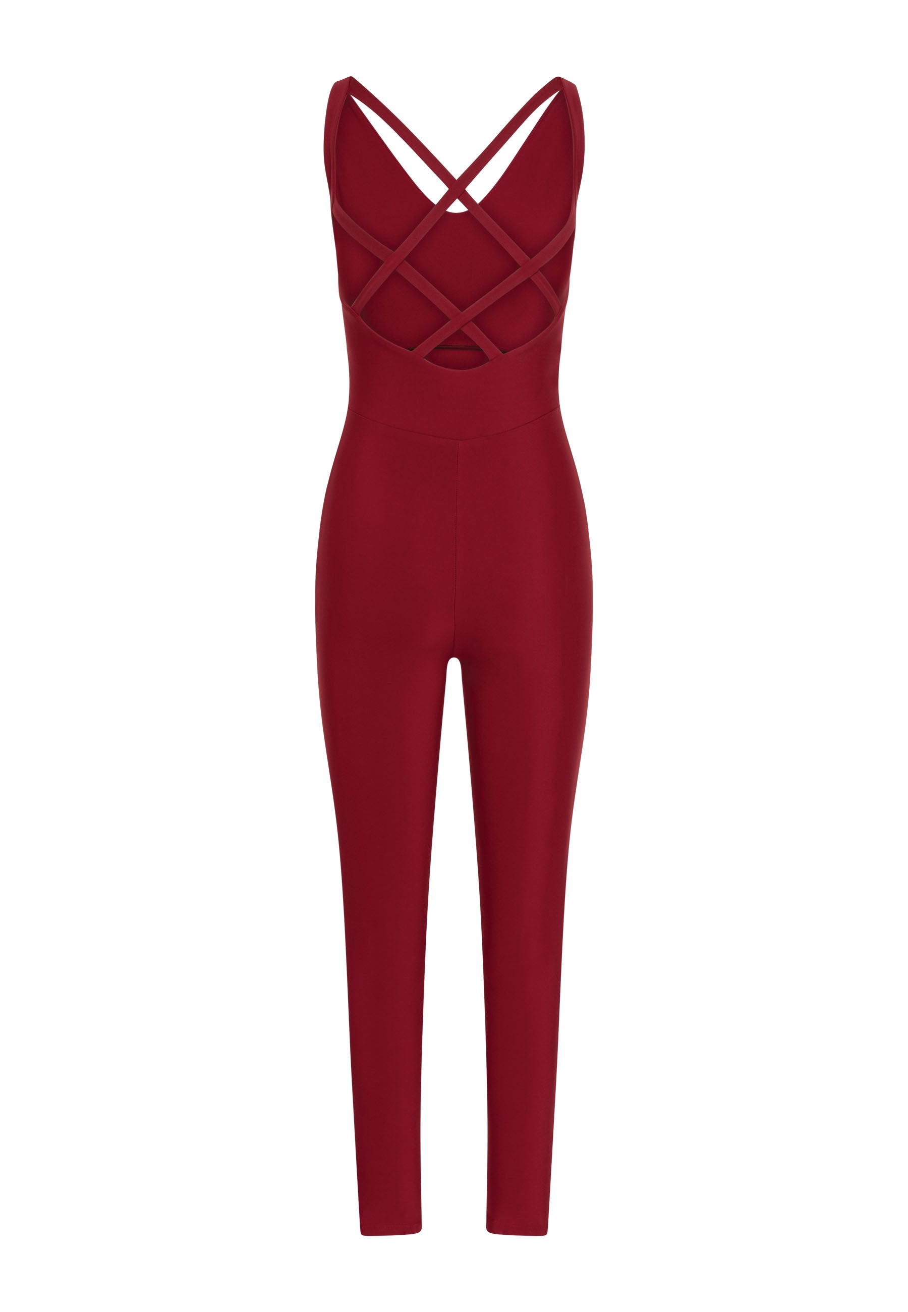 Der 2101 Double Cross Jumpsuit von Lismina in Bordeaux verfügt über überkreuzte Träger und lange Hosenbeine.