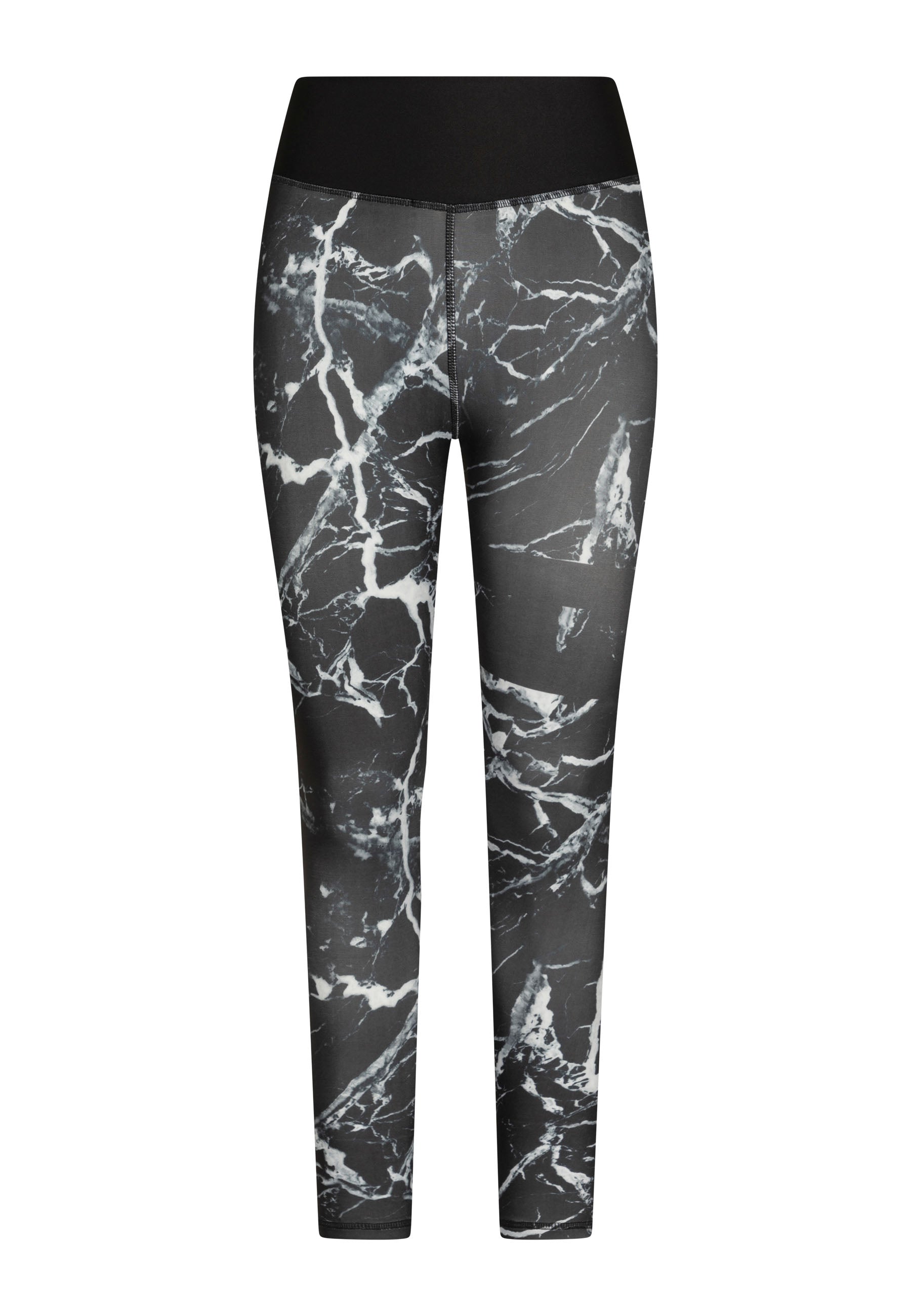 Lismina 902 Leggings mit extra hoher Taille in Schwarz und Weiss mit Marmormuster und einfarbigem schwarzem Bund.