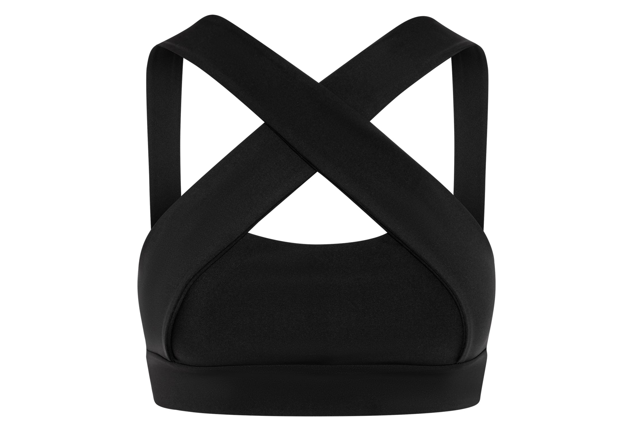 Der 187 Decoltée Sport-BH von Lismina in Schwarz verfügt über gekreuzte Träger, perfekt für Yoga oder Fitness, von hinten gezeigt.