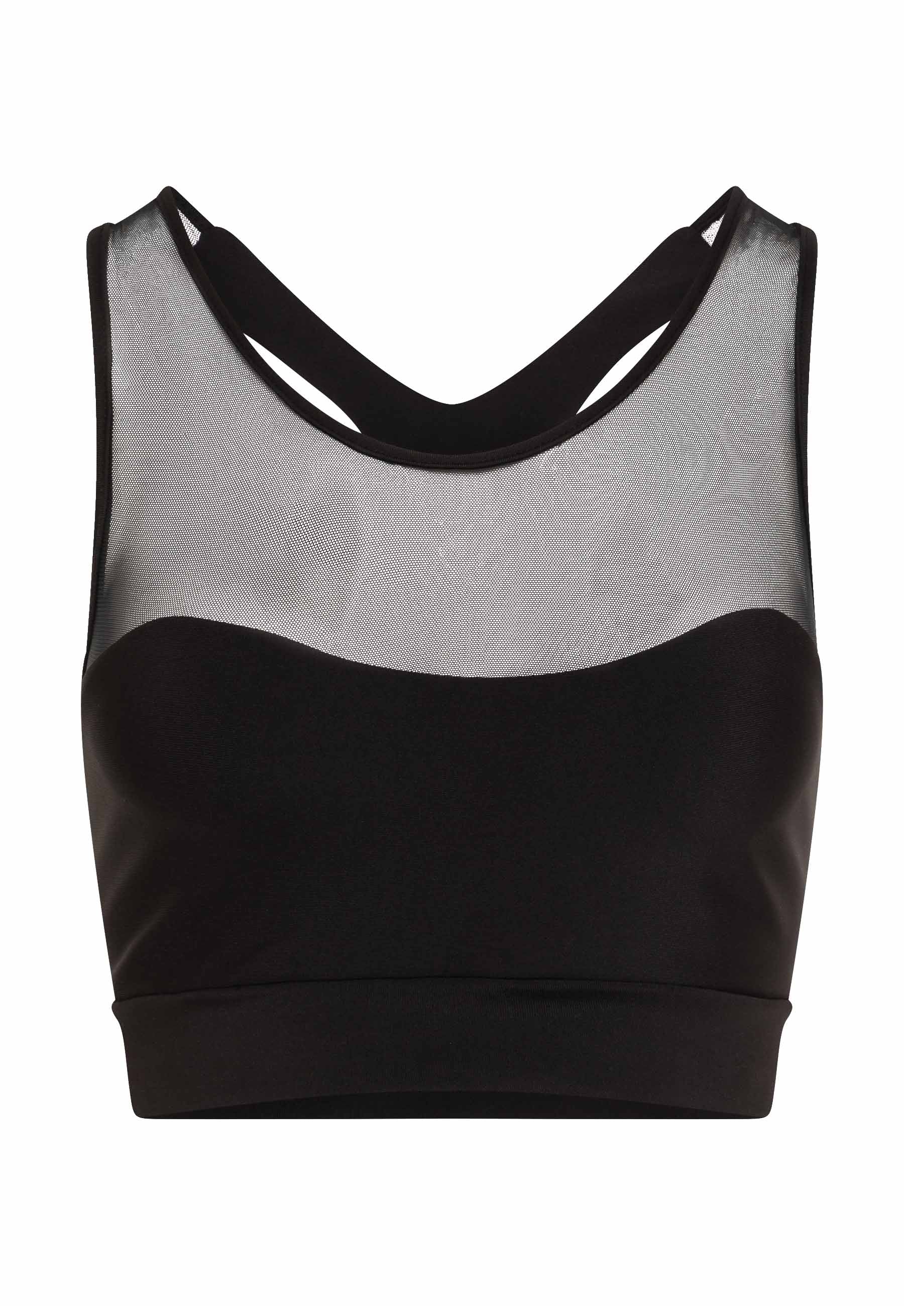 Der 199 Sport-BH Tulle von Lismina in Schwarz verfügt über einen transparenten Netzeinsatz und ein Racerback-Design.