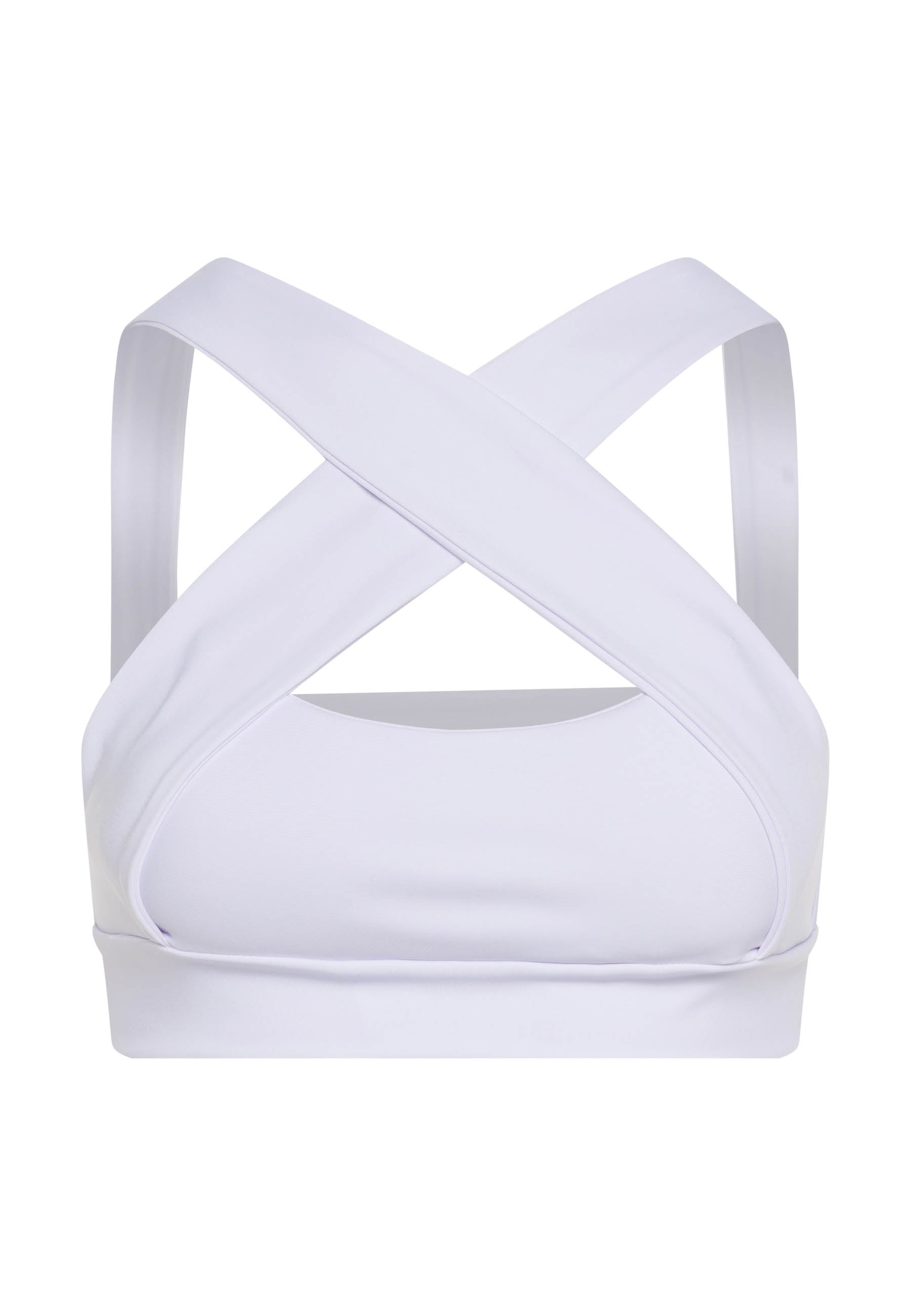 Der 190 Decoltée Sport-BH von Lismina in Weiss verfügt über überkreuzte Rückenträger, ideal für Yoga, abgebildet auf weißem Hintergrund.