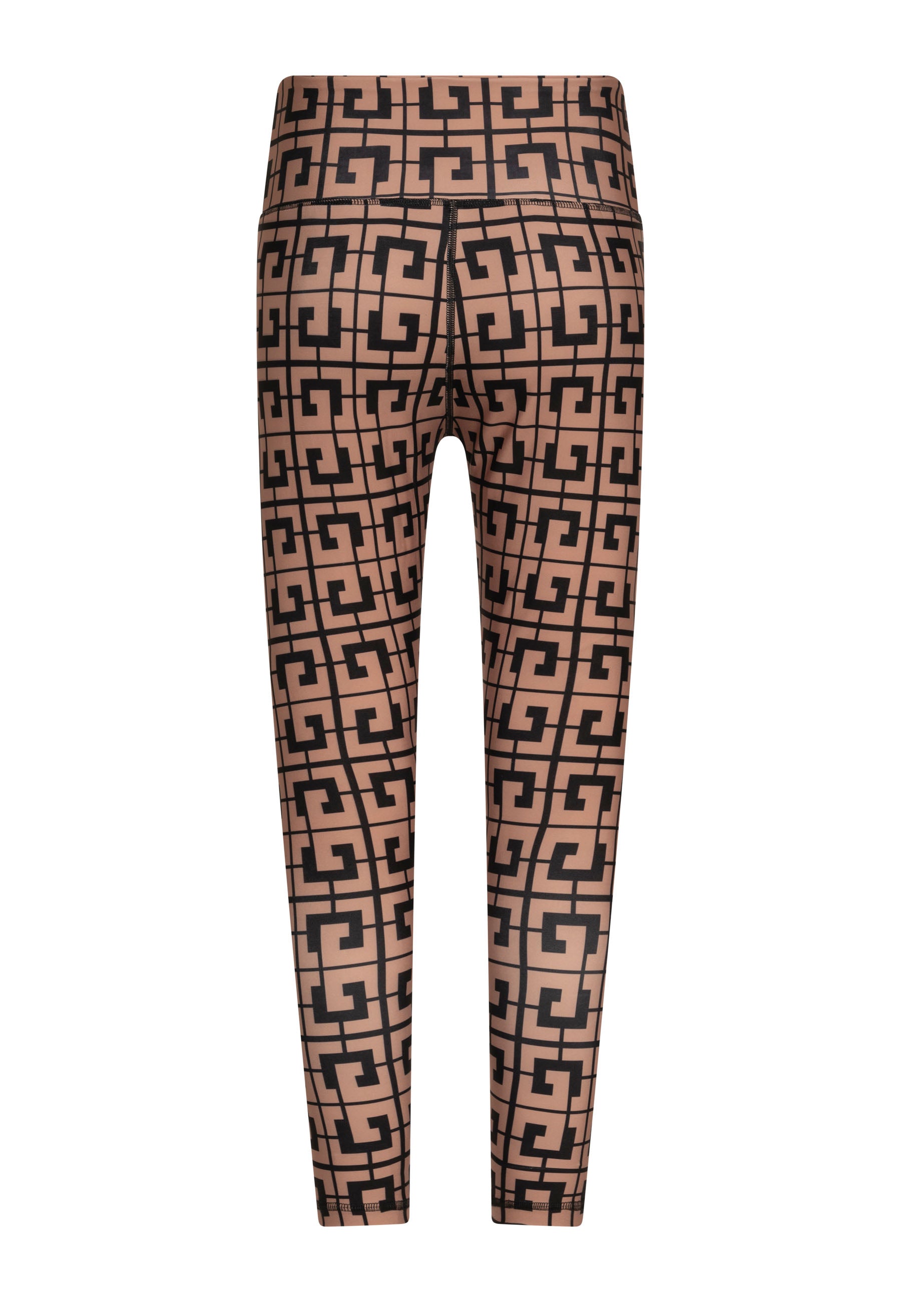 Rückansicht der Lismina 869 Extra High Waist Leggings in Braun mit schwarzen geometrischen Mustern.