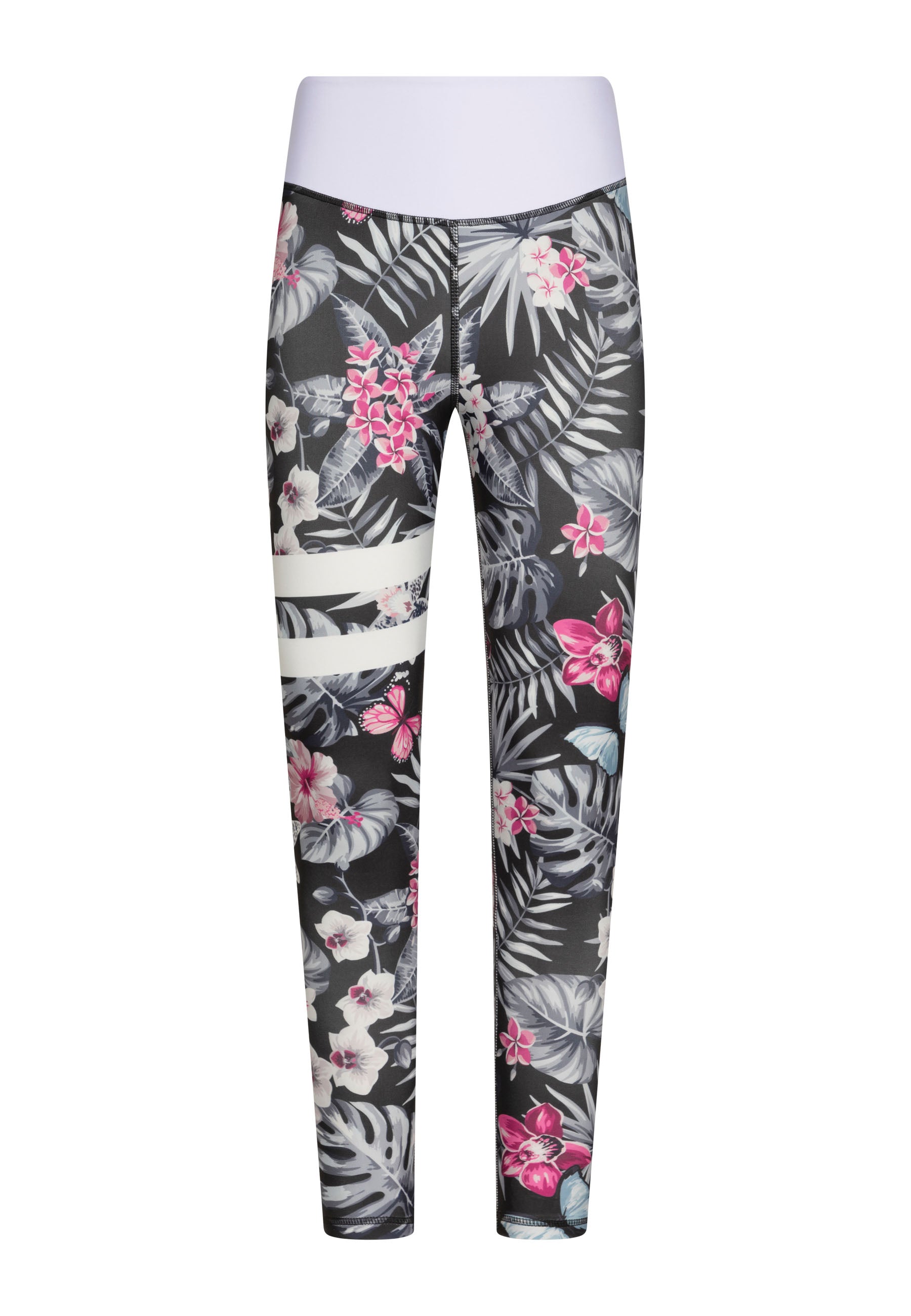 Lisminas 890 Leggings mit extra hoher Taille, schwarz und weiß mit rosa tropischen Blumen.