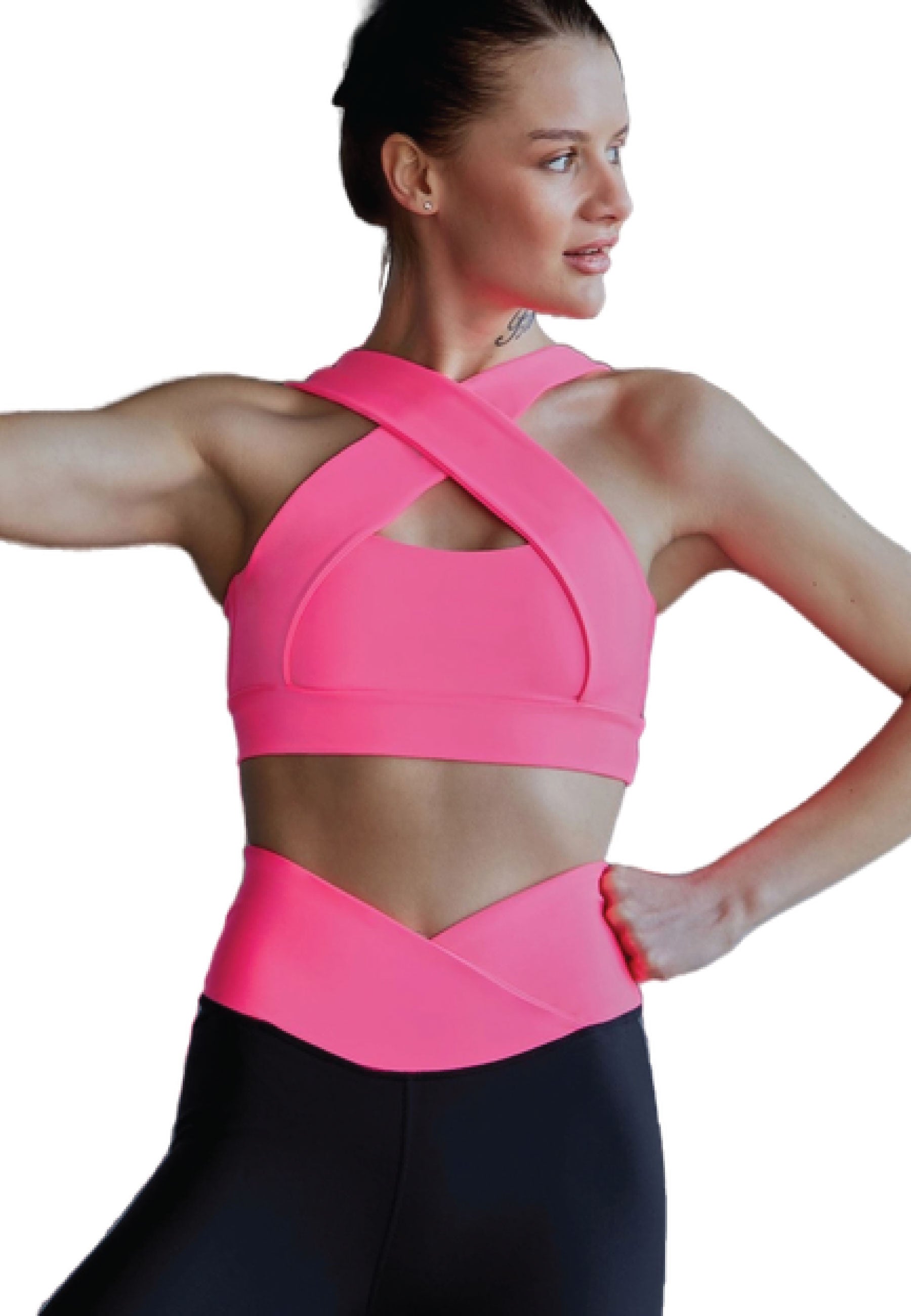 Eine Person trägt die Lismina 1043 Extra High Waist Leggings in Schwarz und Pink und macht eine Seitenpose mit angewinkeltem Arm.