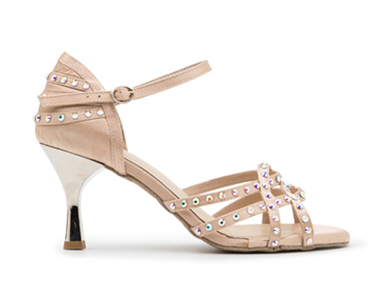 Cremefarbene Satin-Talita-Tanzschuhe von Dancing Queens, mit Swarowski-Steinen, Knöchelriemen und metallischem Absatz.