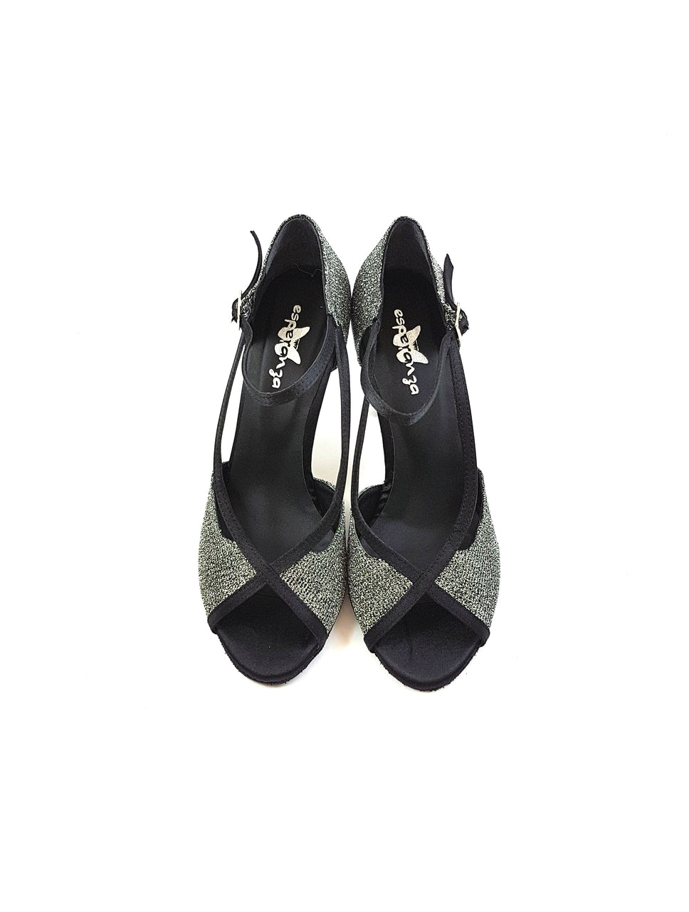 ESP07 Tanzschuhe von Dancing Queens: Schwarze und silberne Glitzer-Pumps mit offener Spitze und Knöchelriemen, perfekt für Tänzer.