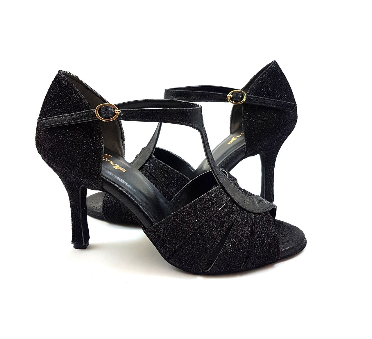 Elegante ESP09 Tanzschuhe in Schwarz von Dancing Queens, perfekte High Heels mit Fesselriemchen auf weißem Untergrund.