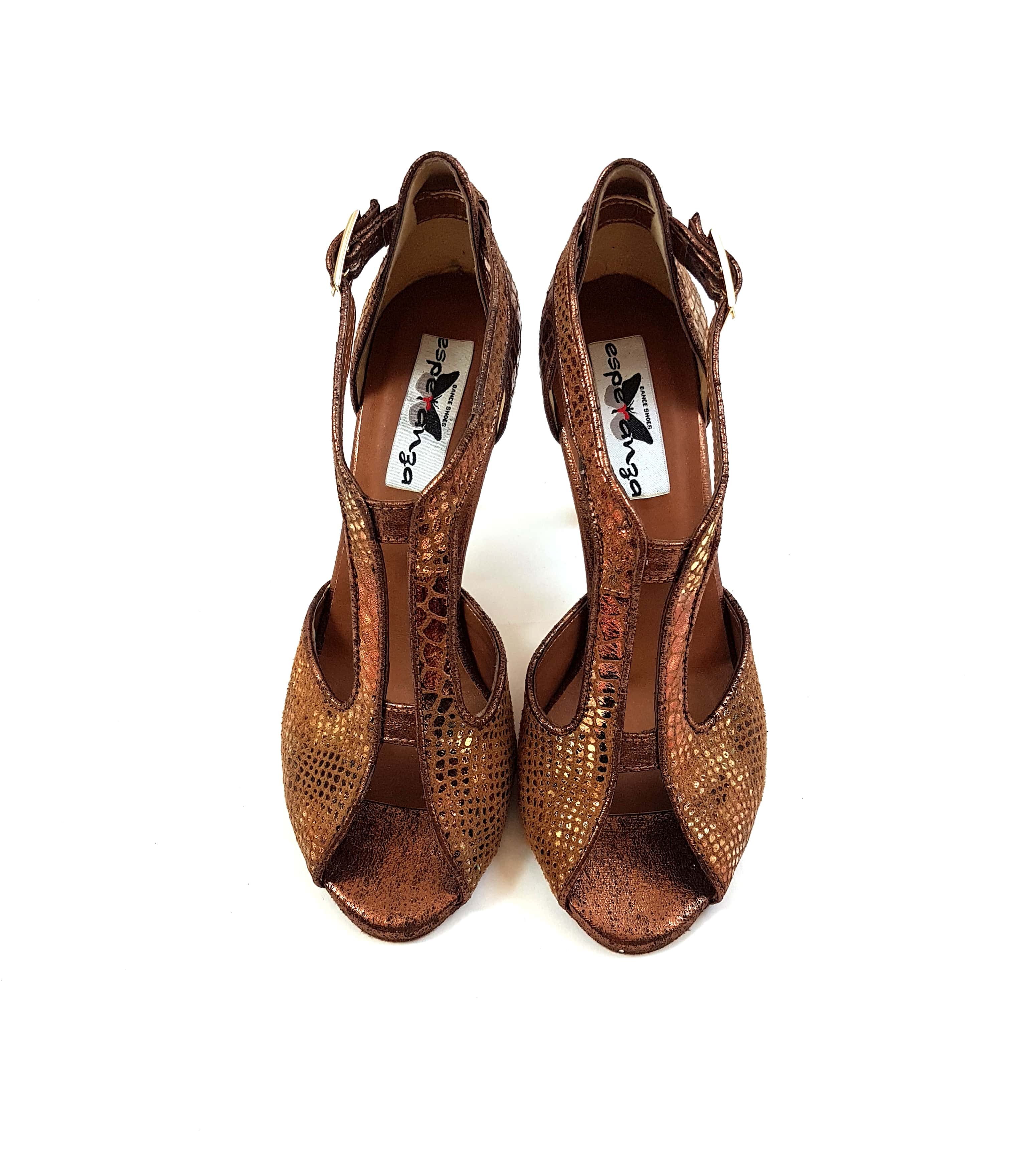 ESP11 Tanzschuhe in Bronze, offene High Heels von Dancing Queens, mit Knöchelriemen und strukturiertem Design.