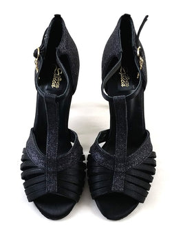 Schwarze Riemchen-High-Heels Norma Tanzschuhe NS01-G01 von Dancing Queens mit Glitzer-Finish auf weißem Hintergrund.